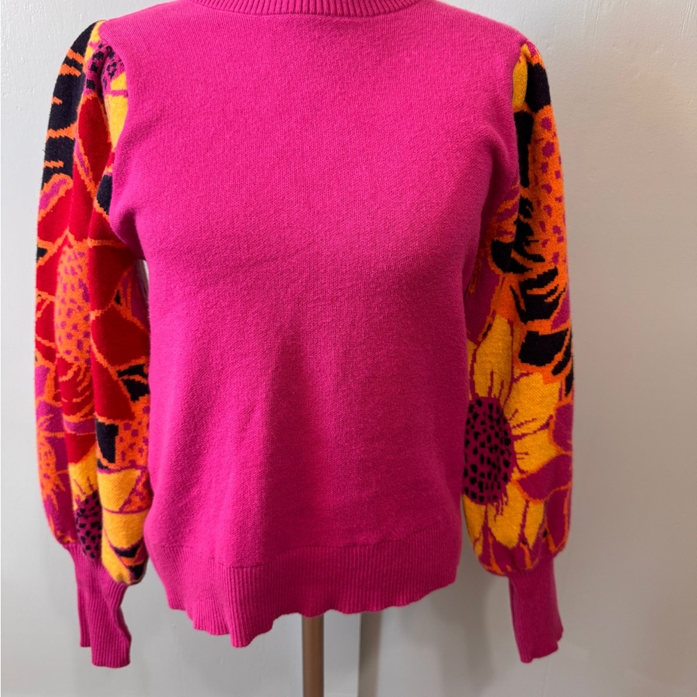 JODIFL Vibrant Pink Sweater with Bold Floral Sleeves